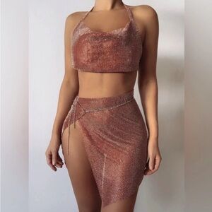 Lemon Lunar Irini Diamante Brown Club Night Party 2 Piece Set XS NWT* Defects
